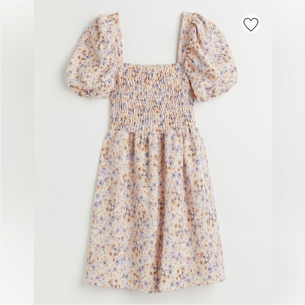 H&M Smocked Bodice Floral Puff Sleeve Dress Womens Size Small